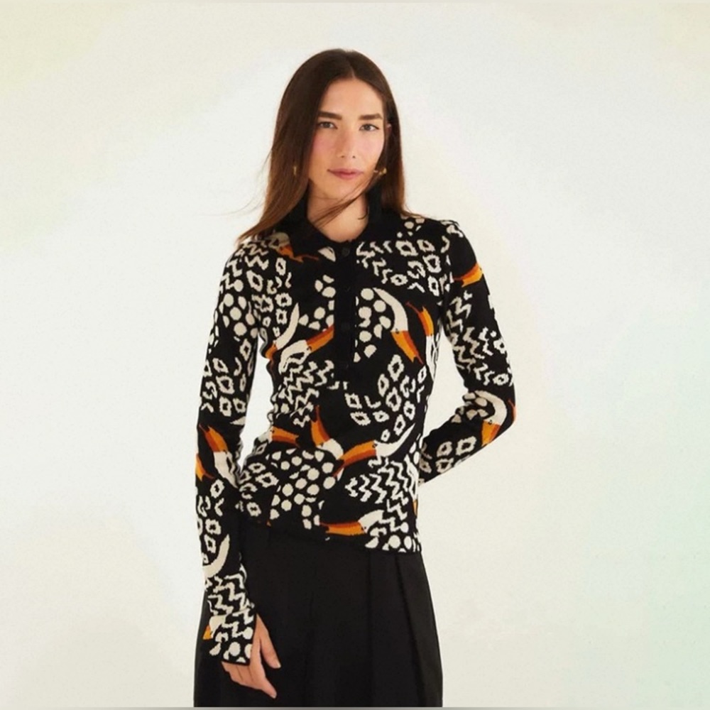 New Farm Rio Black Tucanissimo Long Sleeve Polo Knit Top